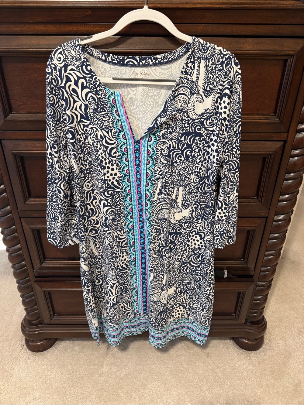 Lilly Pulitzer Navy & White Printed Swim Coverup with Turquoise Trim